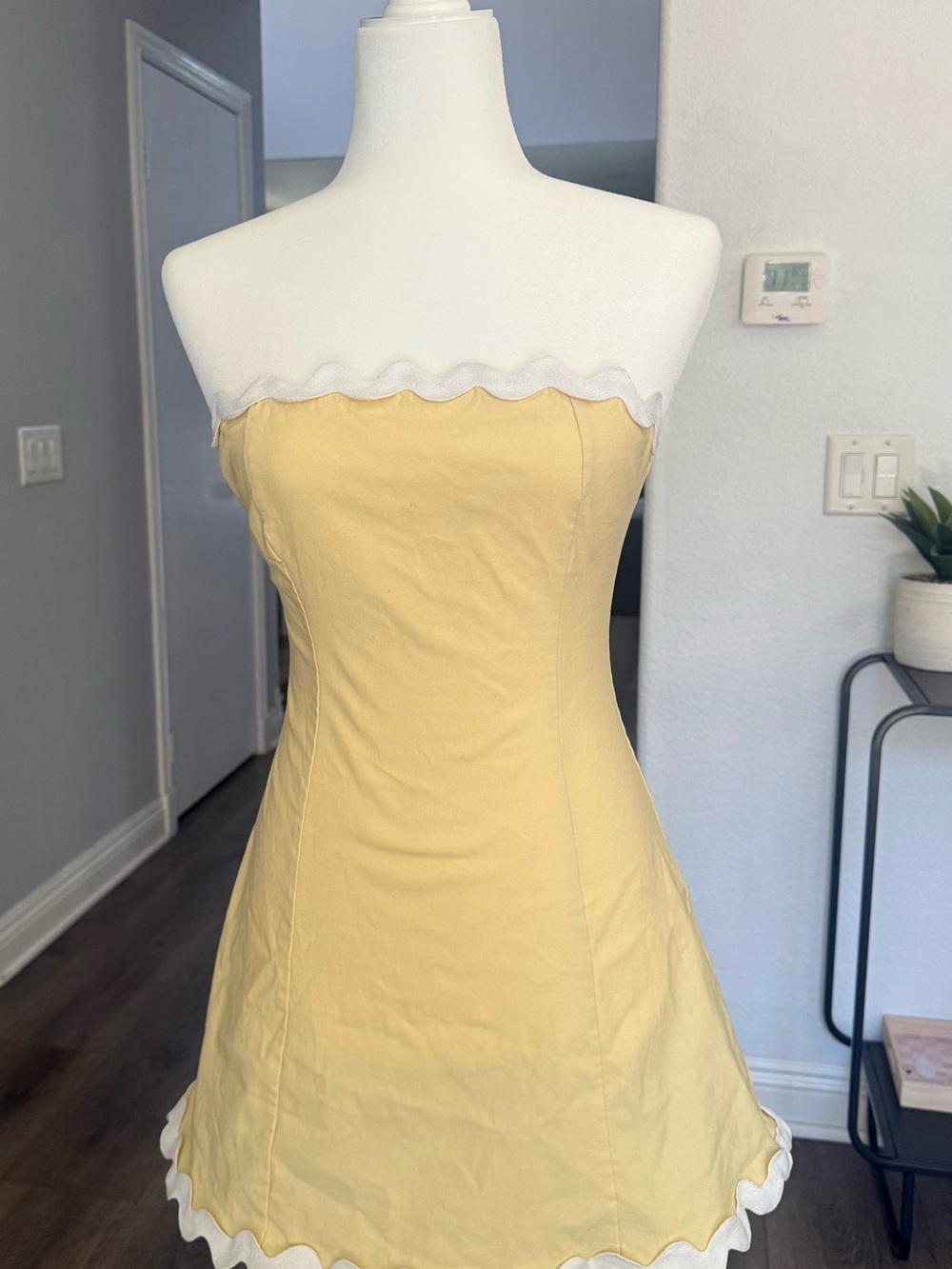 Strapless Yellow Scallop-Trim Mini Dress